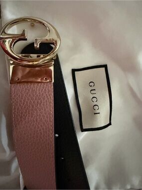 Gucci Pink and Black Leather Reversible Belt 1973 with Gold G Buckle sz 90 | 36